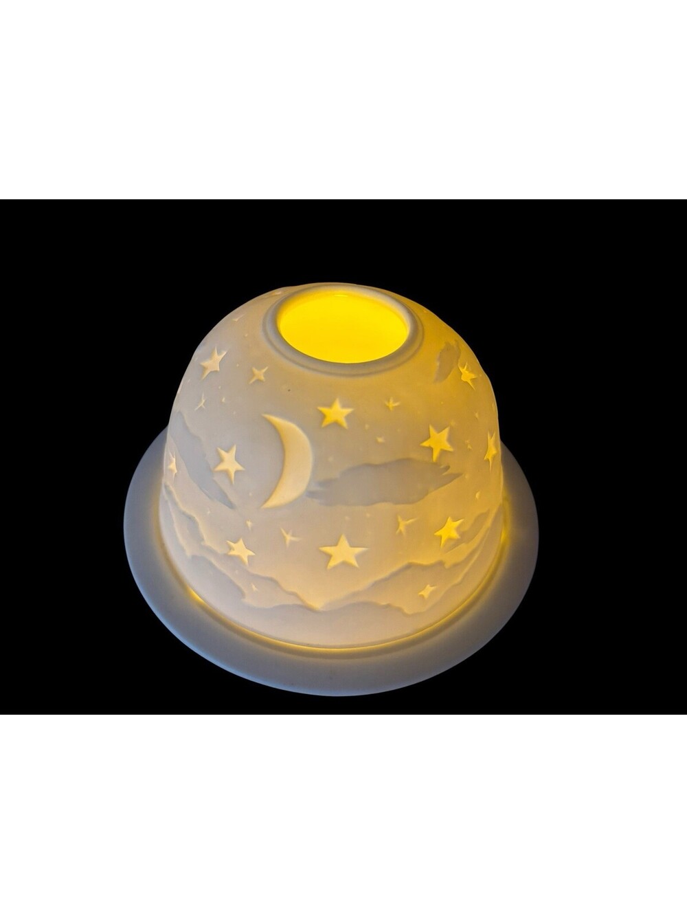 Vtg Porcelain Lithophane Dome Fairy Lamp Candle Holder Stars Moon Sky 3D Glow